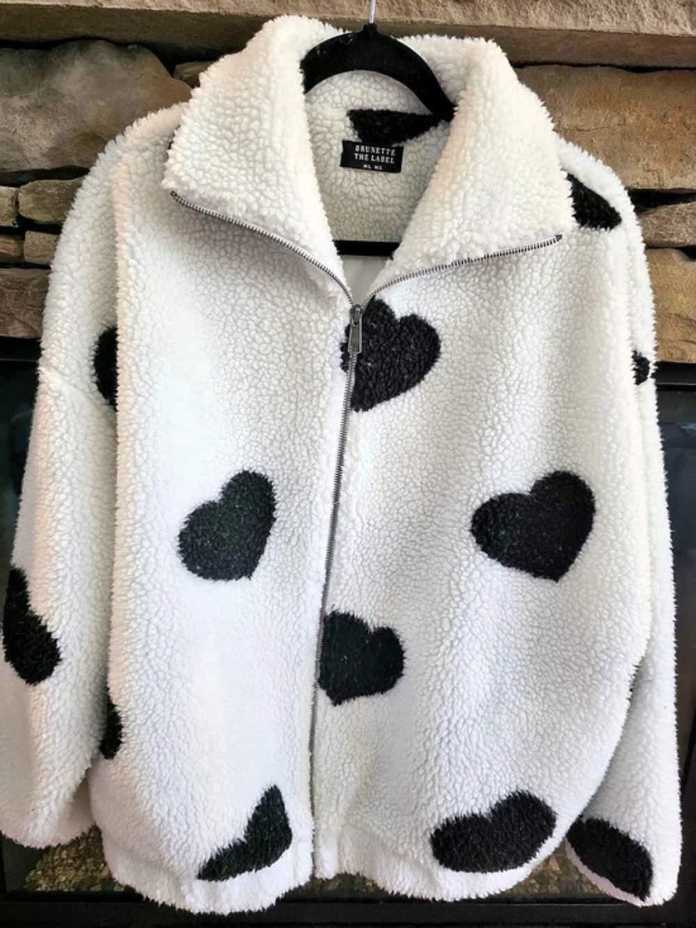 Brunette The Label Sherpa Jacket - Black and White Heart & White Heart M/L